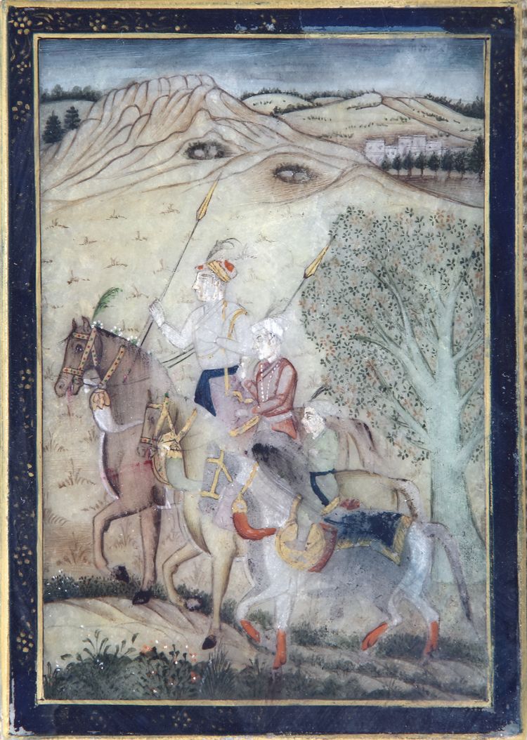 THE THREE YOUNGER SONS OF SHAH JAHAN SHAH, AURANGZEB AND MURAD BAKHSH HAWKING IN A LANDSCAPE, MUGHAL, INDIA, 19TH CENTURY