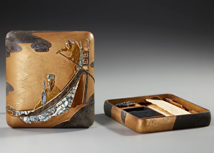 A JAPANESE SUZURIBAKO WRITING BOX, WITH 'MOTHER OF PEARL' DECORATED BOAT, MEIJI PERIOD (1868-1912)