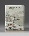 A Chinese enamelled 'winter landscape' square-section brush pot, bitong