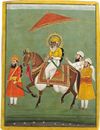 MAHARAJA ALA SINGH, THE RAJAH OF PATIALA (B. 1691-D.1765), SEATED ON A HORSE, GOUACHE HEIGHTENED WITH GOLD ON PAPER