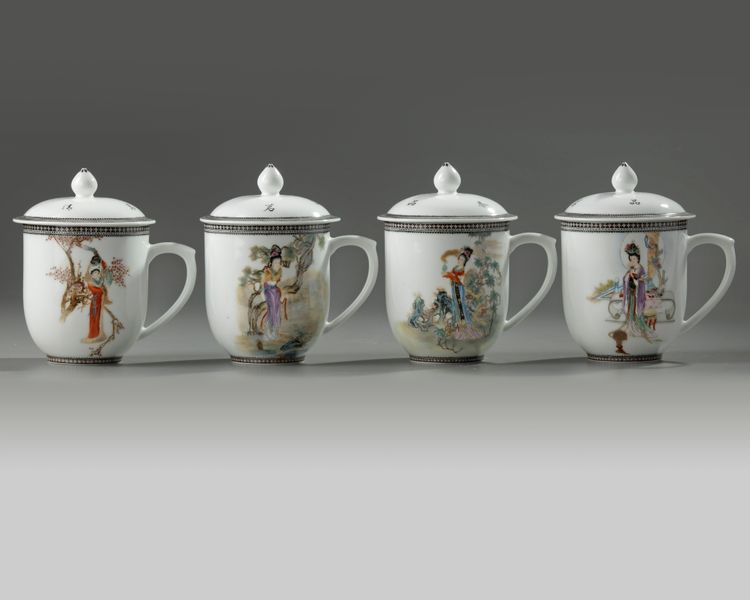Four Chinese famille rose 'ladies' cups and covers