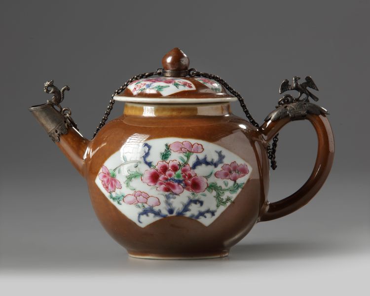 A Chinese cafe au lait ground famille rose 'Batavia ware' teapot and cover