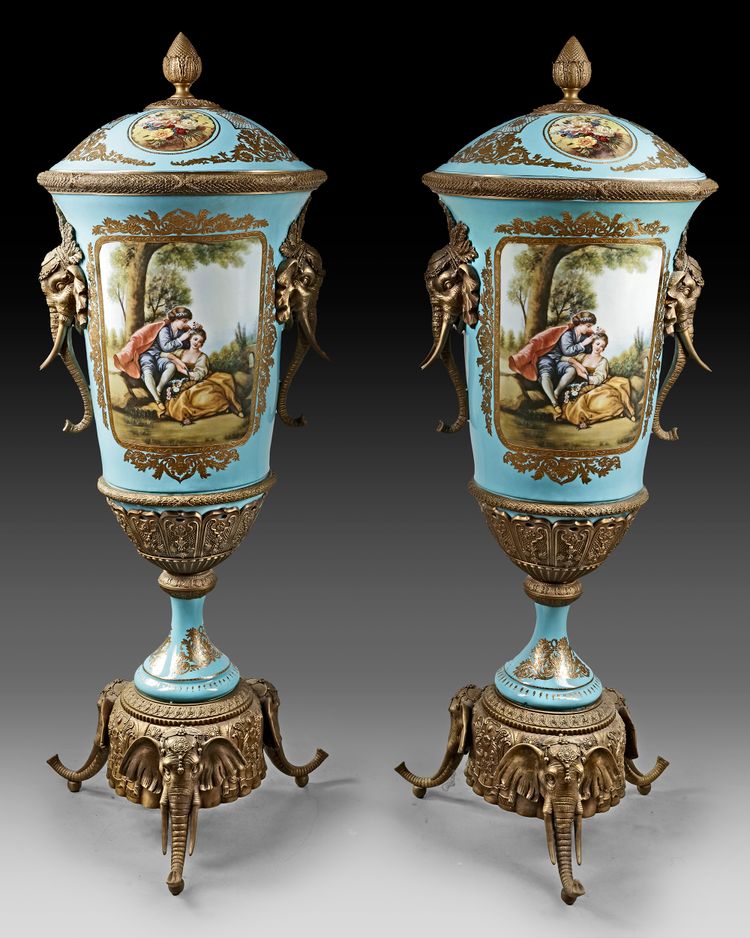 A PAIR OF LARGE  SEVRE STYLE ELEPHANT HEAD VASES, 20TH CENTURY