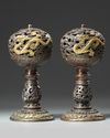 A CHINESE PAIR OF PARCEL GILT BRONZE 'DRAGON' CENSERS,