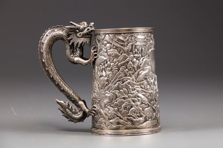 A Chinese export silver dragon-handled mug