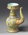 A CHINESE YELLOW-GROUND FAMILLE ROSE TIBETAN STYLE EWER, PENBA HU, QING DYNASTY (1644-1911)