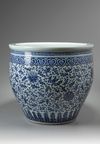 A large Chinese blue and white 'lotus' fish bowl