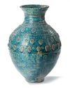 A POST SASSANIAN TURQUOISE GLAZED POTTERY STORAGE JAR, PERSIA, 7TH-8TH CENTURY