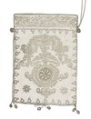 AN ANTIQUE OTTOMAN MONEY BAG (KESE) WITH FINE SILVER AND GOLD EMBROIDERY
