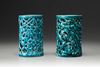 Two Chinese turquoise-enamelled 'Three Friends of Winter' brush pots, bitong