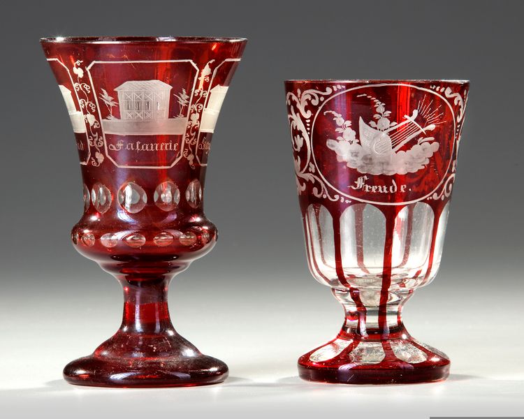 TWO BOHEMIAN HAND CARVED GLASS GOBLETS, CIRCA 1900