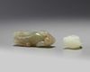 TWO CHINESE CELADON AND PALE CELADON JADE MONKEYS, 20TH CENTURY