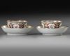 TWO PAIRS OF CHINESE FAMILLE ROSE AND GILT CUPS AND SAUCERS, QIANLONG PERIOD (1736-1795)