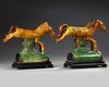 A PAIR OF CHINESE SPINACH-AND-EGG GLAZED POTTERY TILEWORK HORSES