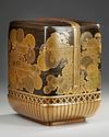 A JAPANESE GOLD LACQUERED BENTO BOX — CHRYSANTHEMUM ELEGANCE IN BAMBOO BASKET, MEIJI PERIOD (1868-1912)