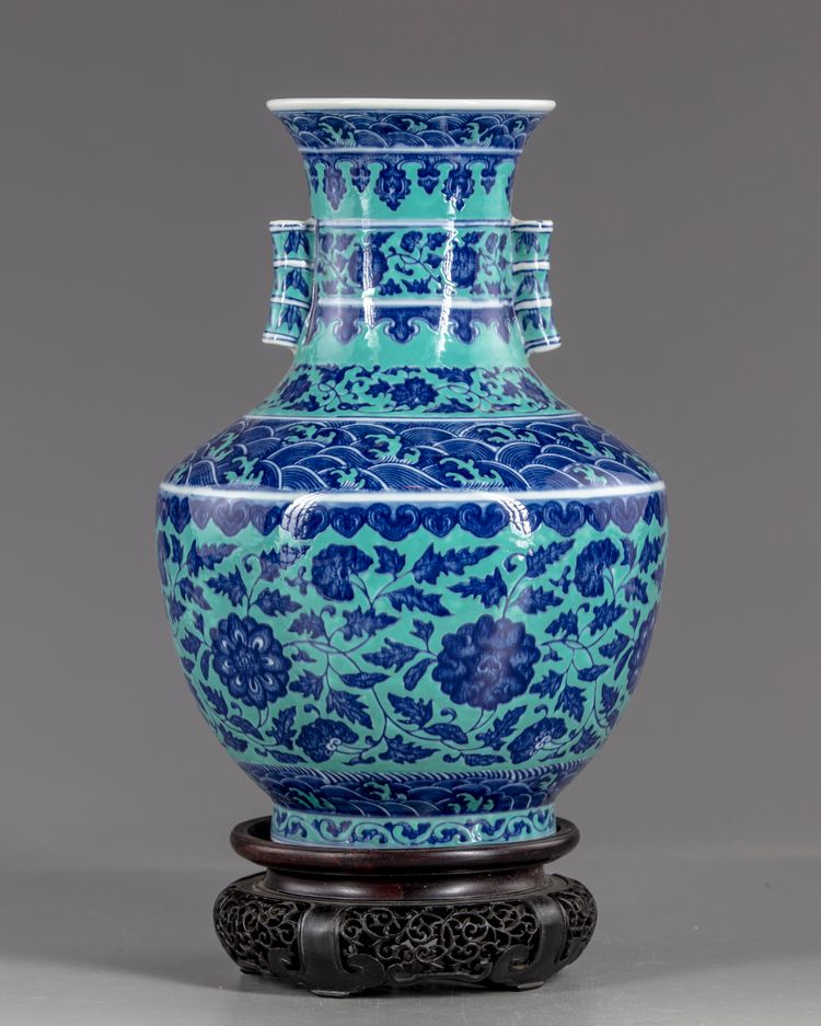 A Chinese gasoline green ground blue and white vase