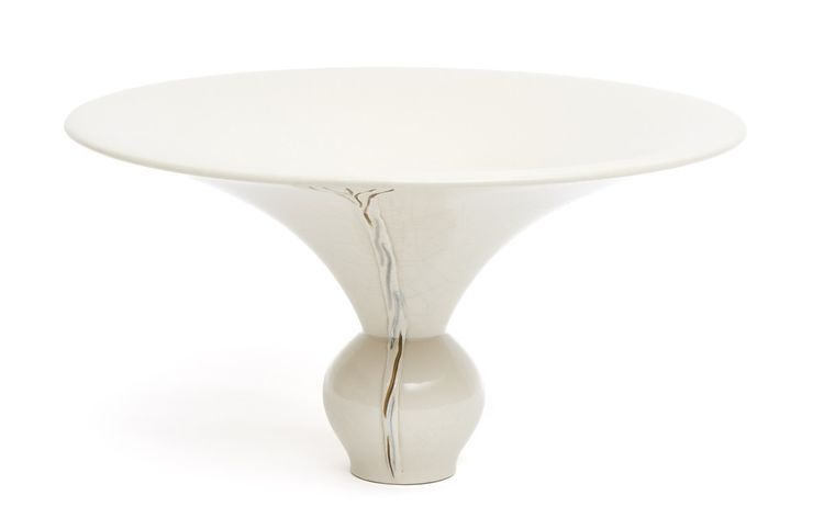A Japanese creme glazed porcelain vase with a very wide mouth in the shape of an usubata vase