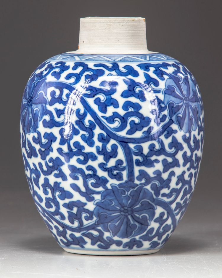 A Chinese blue and white 'scrolling lotus' jar