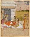 AN INDIAN PAINTING DEPICTING A DIVINE COURTYARD SCENE, 19TH CENTURY