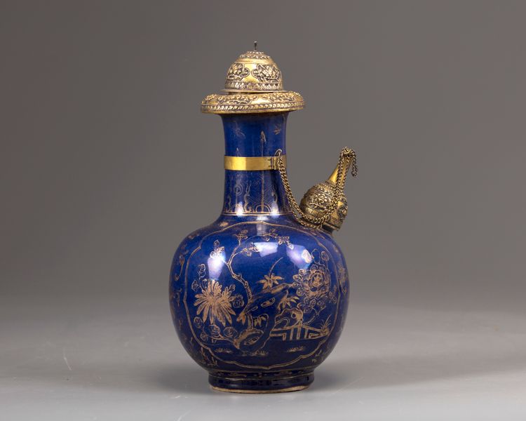 A gilt-metal-mounted Chinese blue-ground gilt-decorated kendi