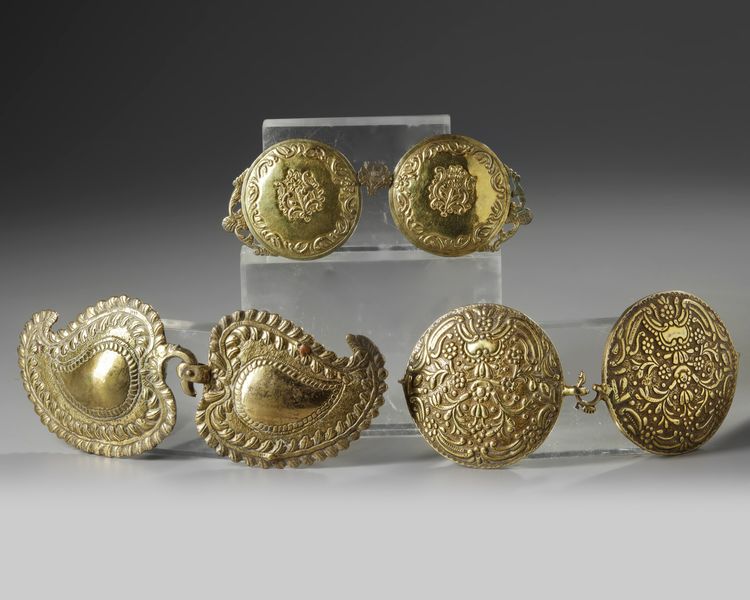 A GROUP OF THREE ISLAMIC COPPER BELT BUCKLES, OTTOMAN, PROBABLY TOMBAK, 19TH CENTURY