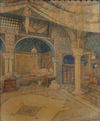 A painting depicting an alcove with bed in the harem