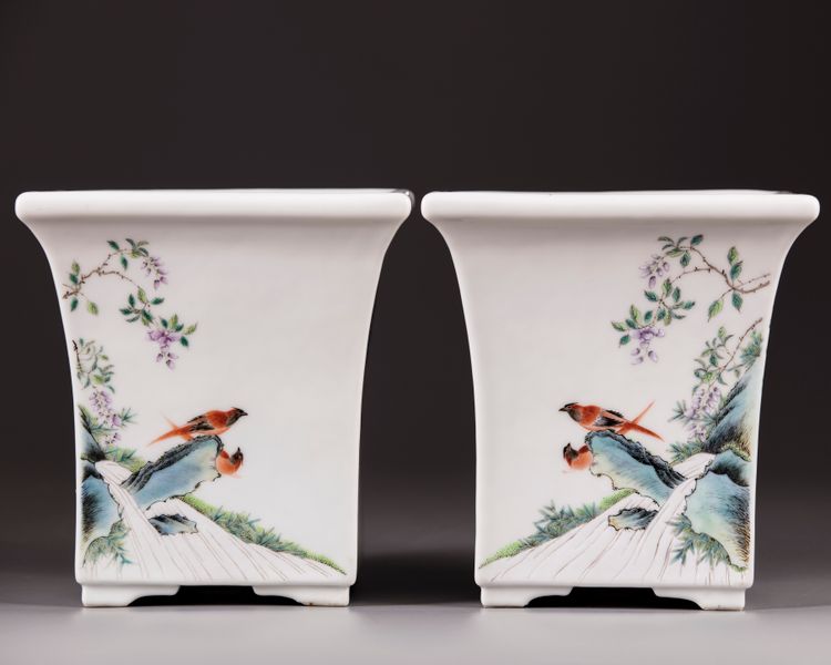 A pair of Chinese famille rose square-section jardinieres