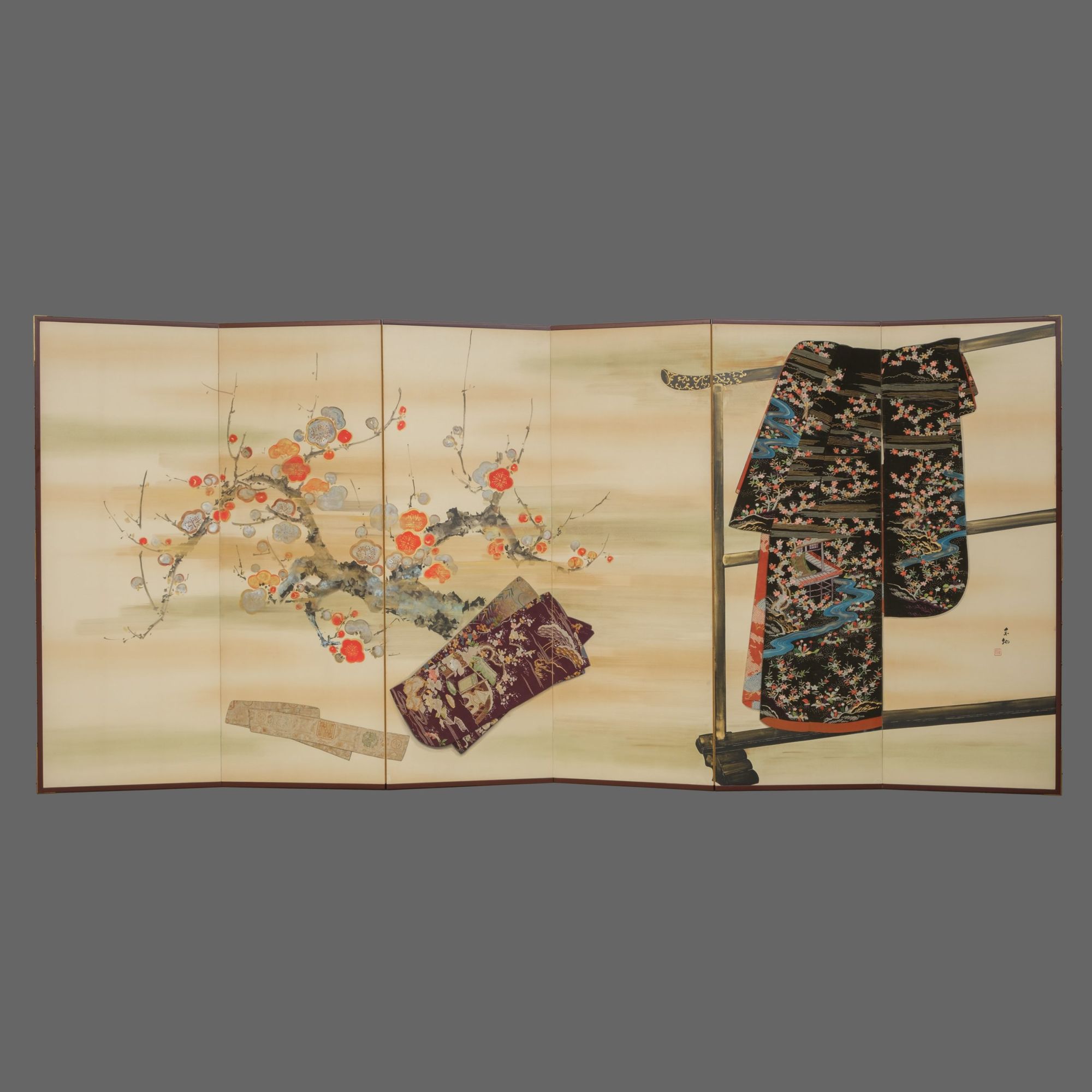 秀峰 屏風 A JAPANESE SIX PANEL BYÔBU 屏風 EMBROIDERED WITH TAGASODE 誰袖