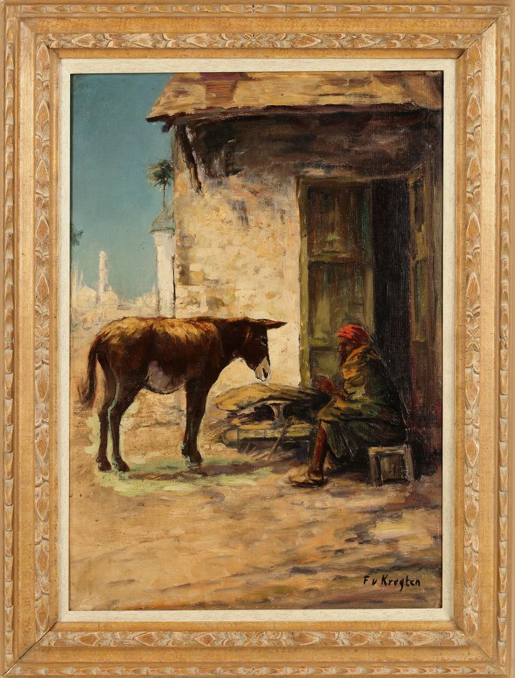 FEDOR VAN KREGTEN (1871-1937),  A DONKEY WAITING OUTSIDE HIS STABLE, OIL ON CANVAS ON PANEL