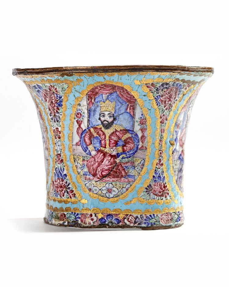 A QAJAR GOLD AND POLYCHROME ENAMELLED GHALIAN CUP, PERSIA, 19TH CENTURY
