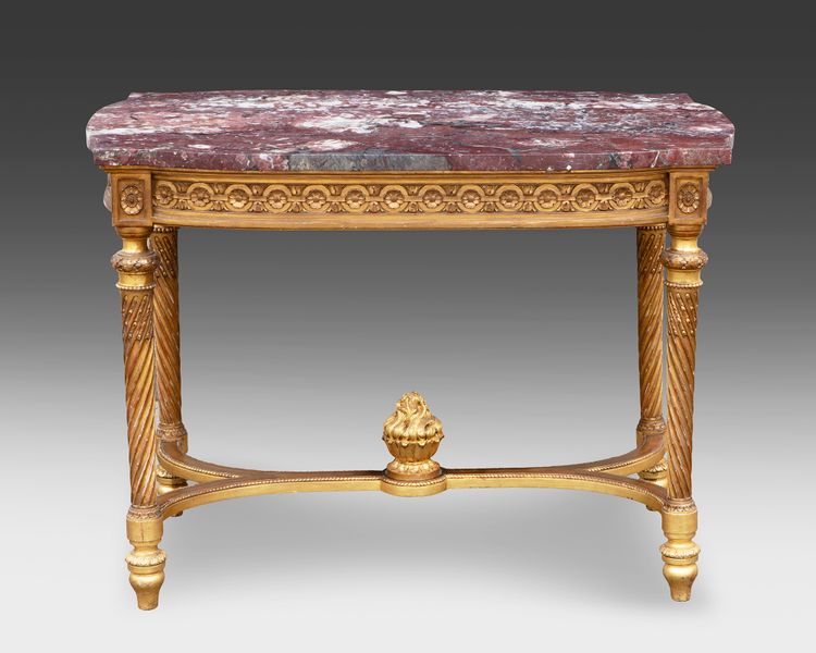A FRENCH GILDED CENTER TABLE WITH MARBLE TOP, LOUIS XVI STYLE, LATE 19TH CENTURY