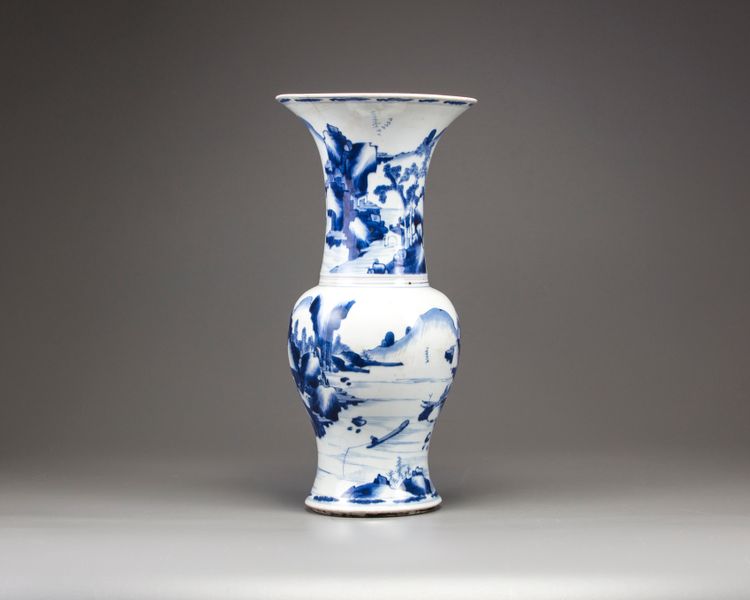 A Chinese blue and white 'landscape' phoenix tail vase