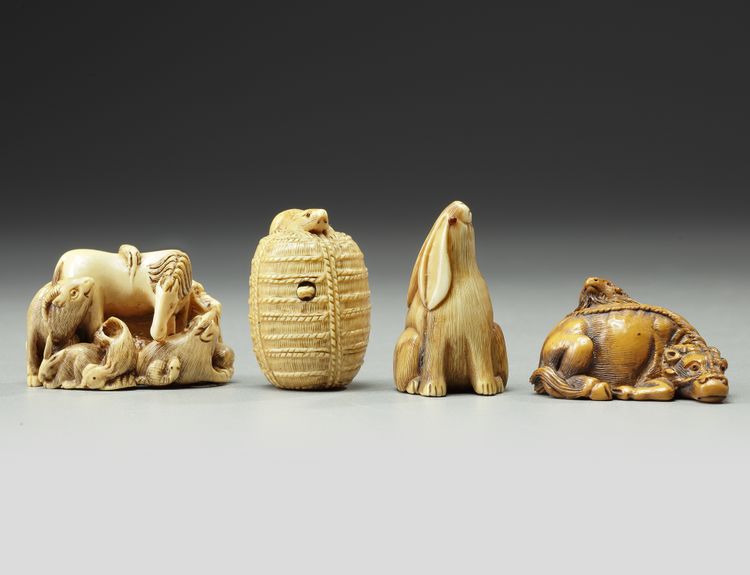 A GROUP OF FOUR JAPANESE IVORY NETSUKES, 19TH CENTURY