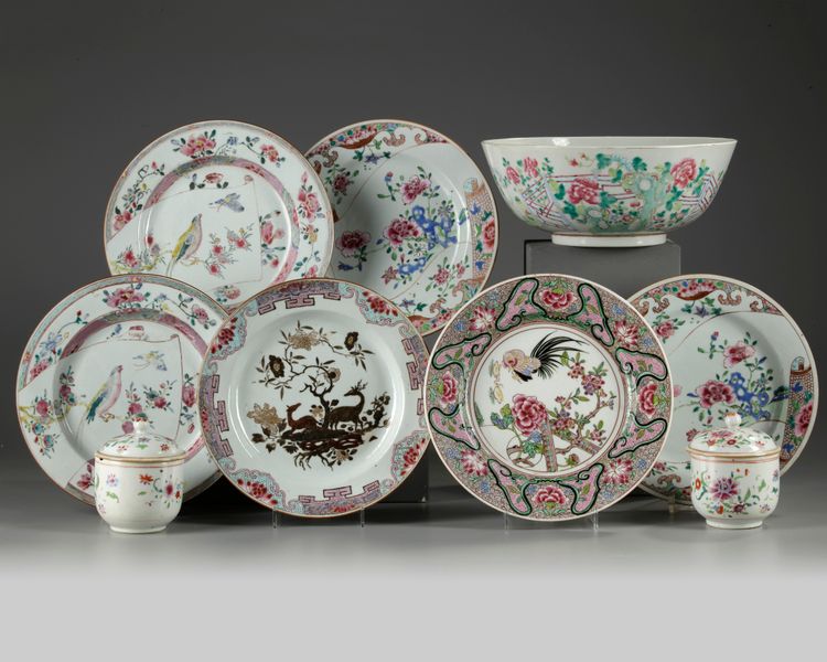 Nine Chinese famille rose vessels