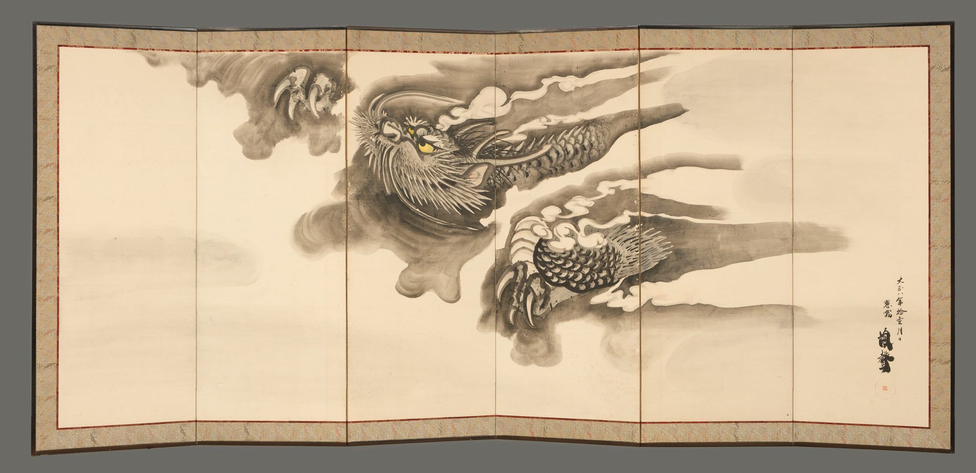 A PAIR OF LARGE SIX-PANEL JAPANESE SCREENS, DRAGON & TIGER, 1919