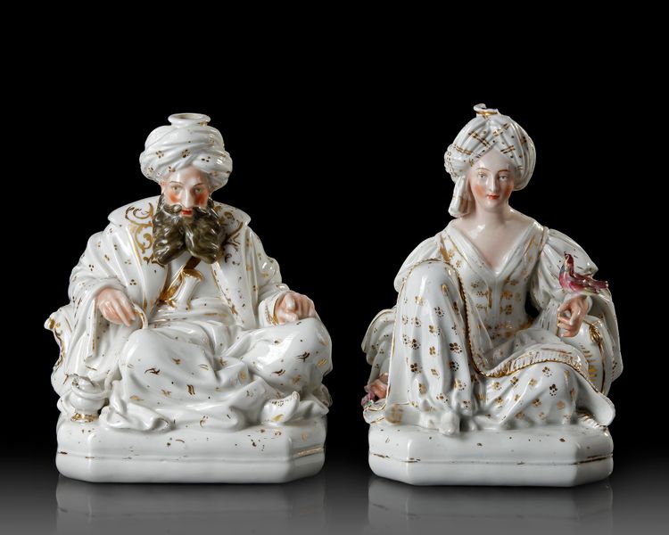 A PAIR OF JACOB PETIT PORCELAIN FIGURAL CONTAINERS IN THE FORM OF A SEATED SULTAN AND SULTANA