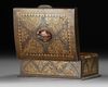 AN INDO-PERSIAN METAL CASKET WITH GILT FLORAL DECORATION AND AGATE CABOCHON, 20TH CENTURY