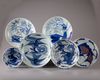 Five Chinese blue and white dishes and a bowl