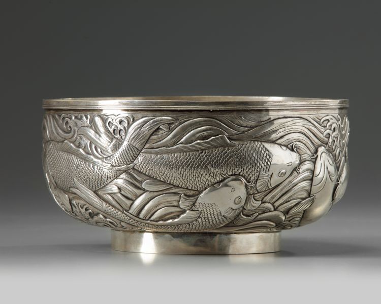 A silver 'carp' bowl, attributed to the Konoike workshop.