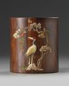 A Chinese precious object-inlaid hongmu 'crane' brush pot, bitong