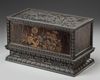 A CHINESE GILT LACQUER-DECORATED RECTANGULAR BOX AND STAND