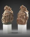 TWO CHINESE POLYCHROME WOOD HEADS, MING DYNASTY OR LATER