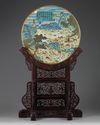 A Chinese cloisonne enamel plaque and a wood stand