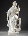 AN ALABASTER AND MARBLE SCULPTURE OF A SEATED WOMAN ROLLING WOOL, CIRCA 1890