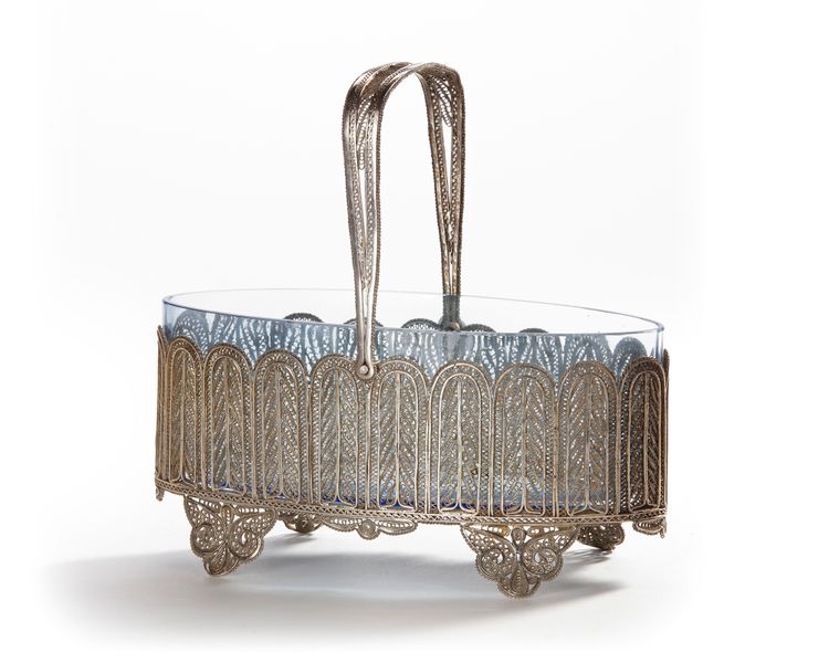 A SILVER FILIGREE BASKET WITH BLUE GLASS, 19TH CENTURY