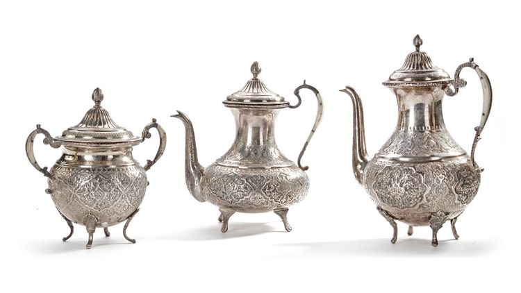 SET OF TWO TEAPOTS AND ONE  SUGAR POT, PERSIA , 19th CENTURY