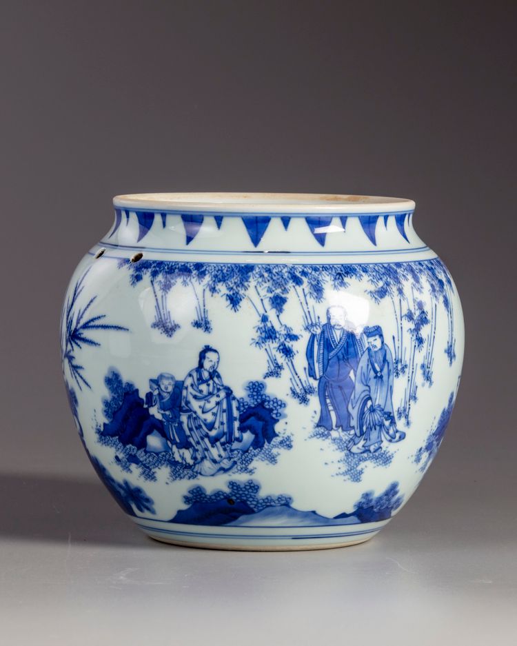 A Chinese blue and white 'scholars' potiche