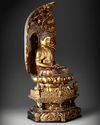 A LARGE JAPANESE AMIDA BUDDHA ON A THRONE WITH LARGE MANDORLA, EDO PERIOD, (1600-1868 )