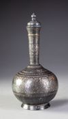 AN INDIAN SILVER AND GOLD-INLAID ALLOY BIDRI FLASK (SURAHI), DECCAN, 20TH CENTURY