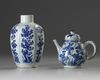 A Chinese blue and white moulded teapot and a hexagonal jar